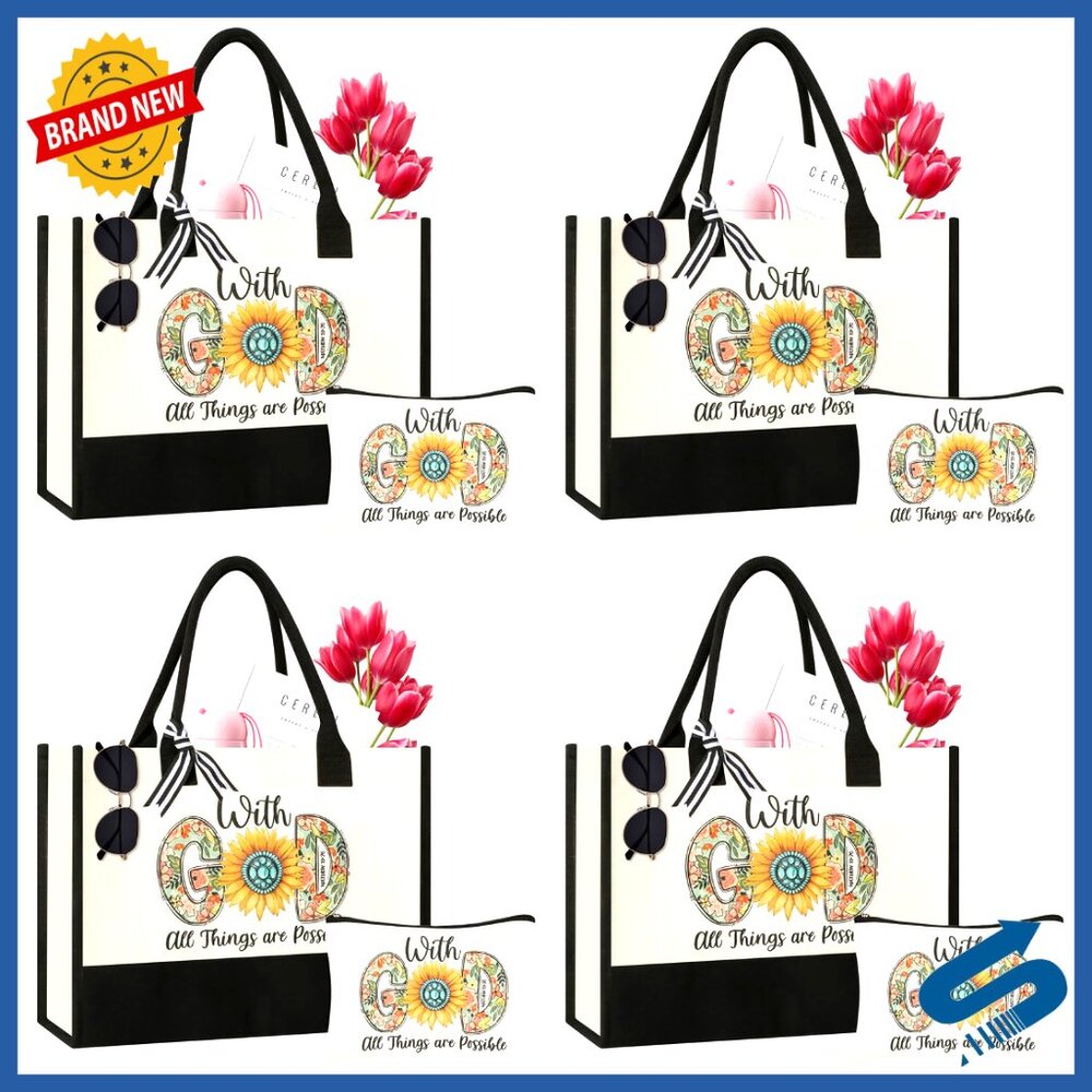 Canvas Tote Bag Set With Makeup Bags Elegant Minimal Chic Travel-Friendly